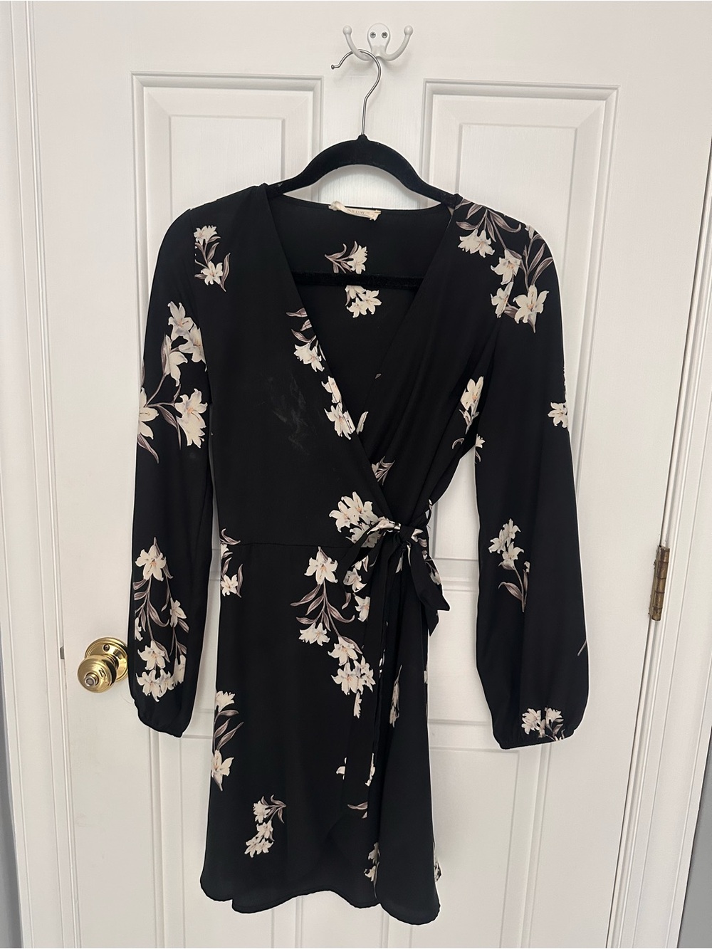 Peace Love World Black Floral Wrap Dress with Ivory Flowers